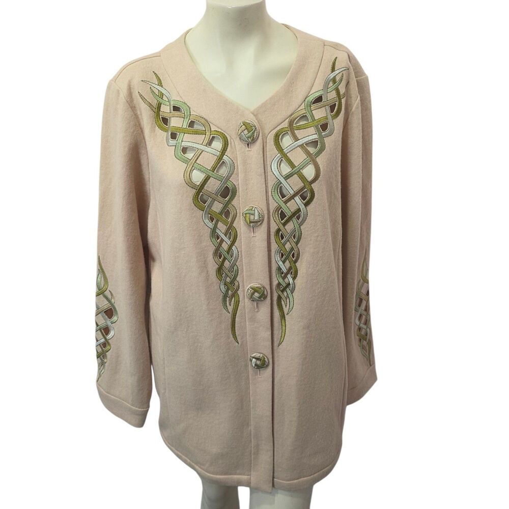 Bob Mackie Wearable Art XL Embroidered Celtic Knot Wool‎ Blend Cardigan Tan
